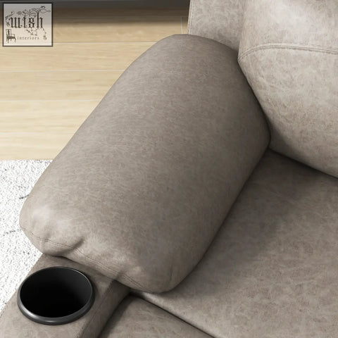 Beige upholstered armrest with textured fabric and black cup holder on homcom recliner chair for living room use