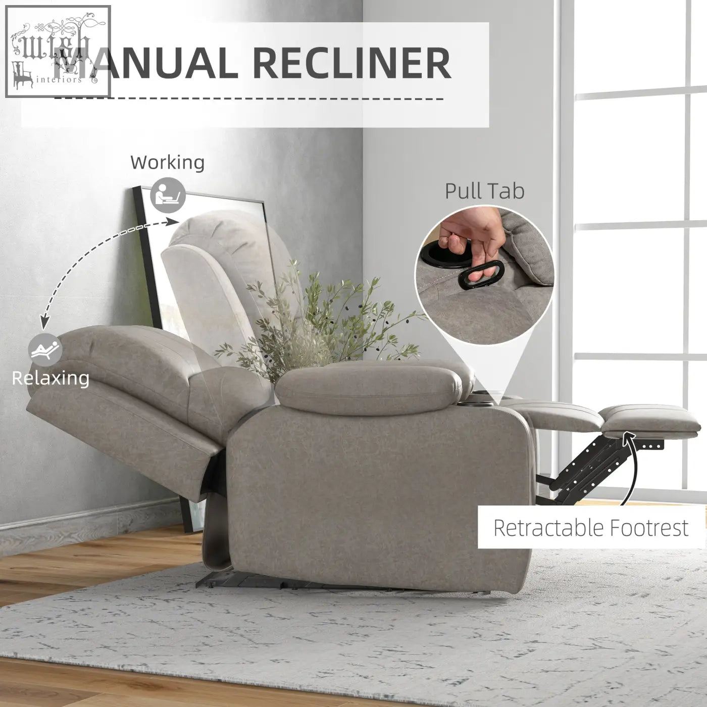 Gray microfibre homcom recliner chair with manual pull tab and retractable footrest for easy adjustment at home