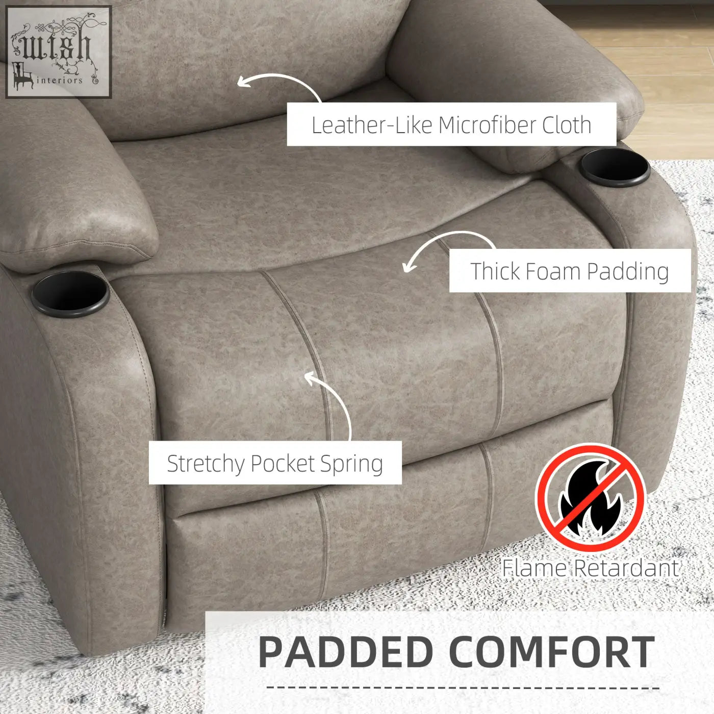 Gray leather-like microfiber homcom recliner chair with thick foam padding and built-in cup holders for home use