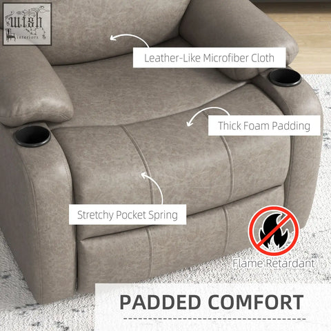 Gray leather-like microfiber homcom recliner chair with thick foam padding and built-in cup holders for home use