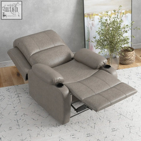 Beige leather homcom recliner chair with cup holders segmented cushioning and adjustable leg rest for living room use