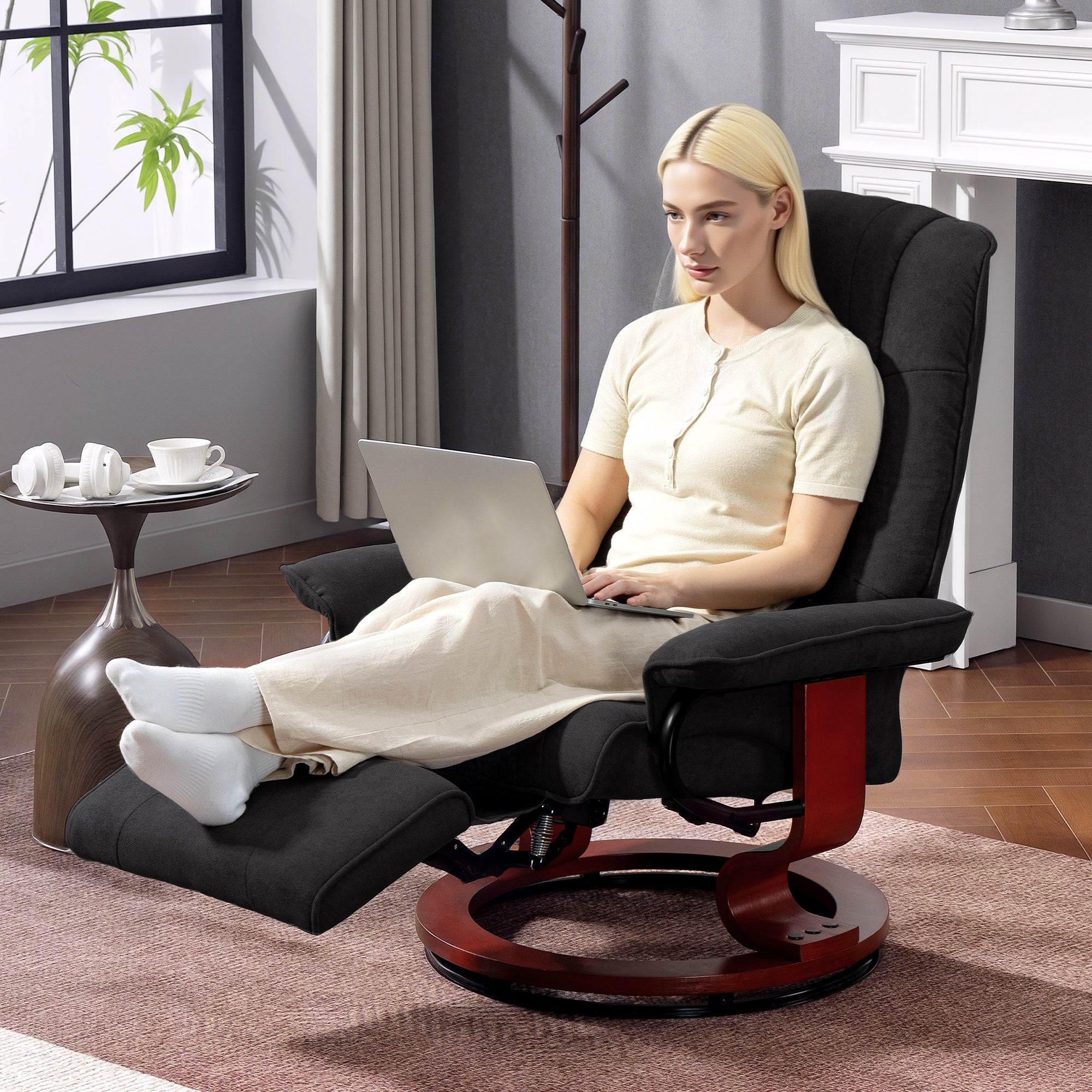 Black homcom reclining swivel chair with manual footrest breathable linen-look upholstery and glossy red wooden base