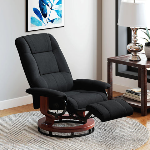 Homcom reclining swivel chair in black breathable linen-look upholstery with wooden base and manual footrest