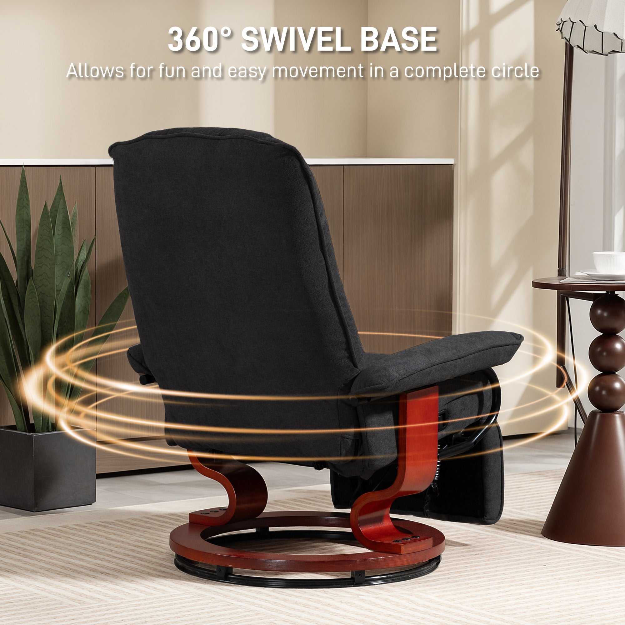 Black homcom reclining swivel chair with breathable linen-look upholstery and manual footrest on glossy red base