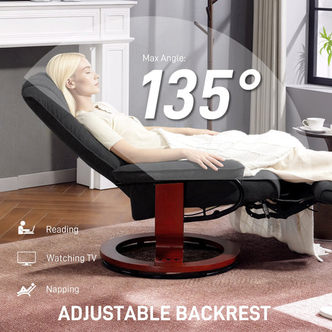 Black homcom reclining swivel chair with breathable linen-look upholstery red wooden base and manual footrest up to 135 degrees