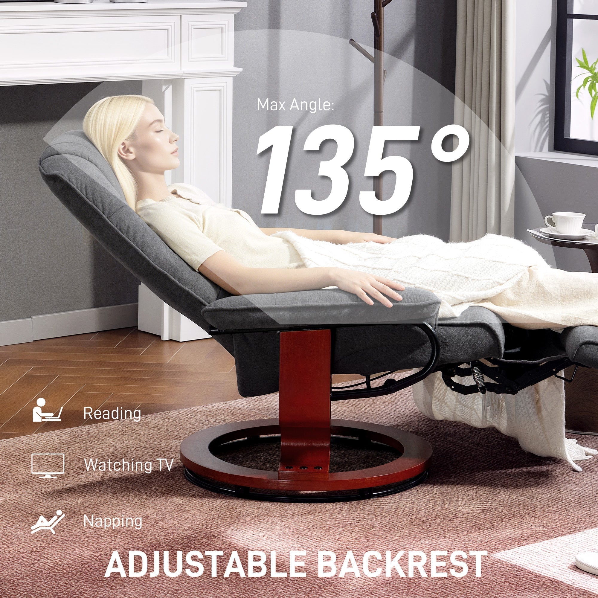 Homcom reclining swivel chair with breathable linen-look upholstery in grey featuring manual footrest and adjustable backrest