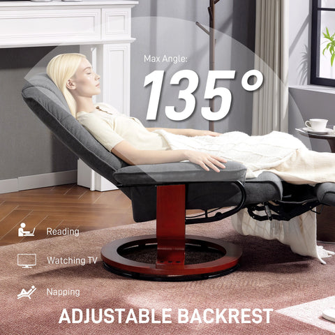 Homcom reclining swivel chair with breathable linen-look upholstery in grey featuring manual footrest and adjustable backrest