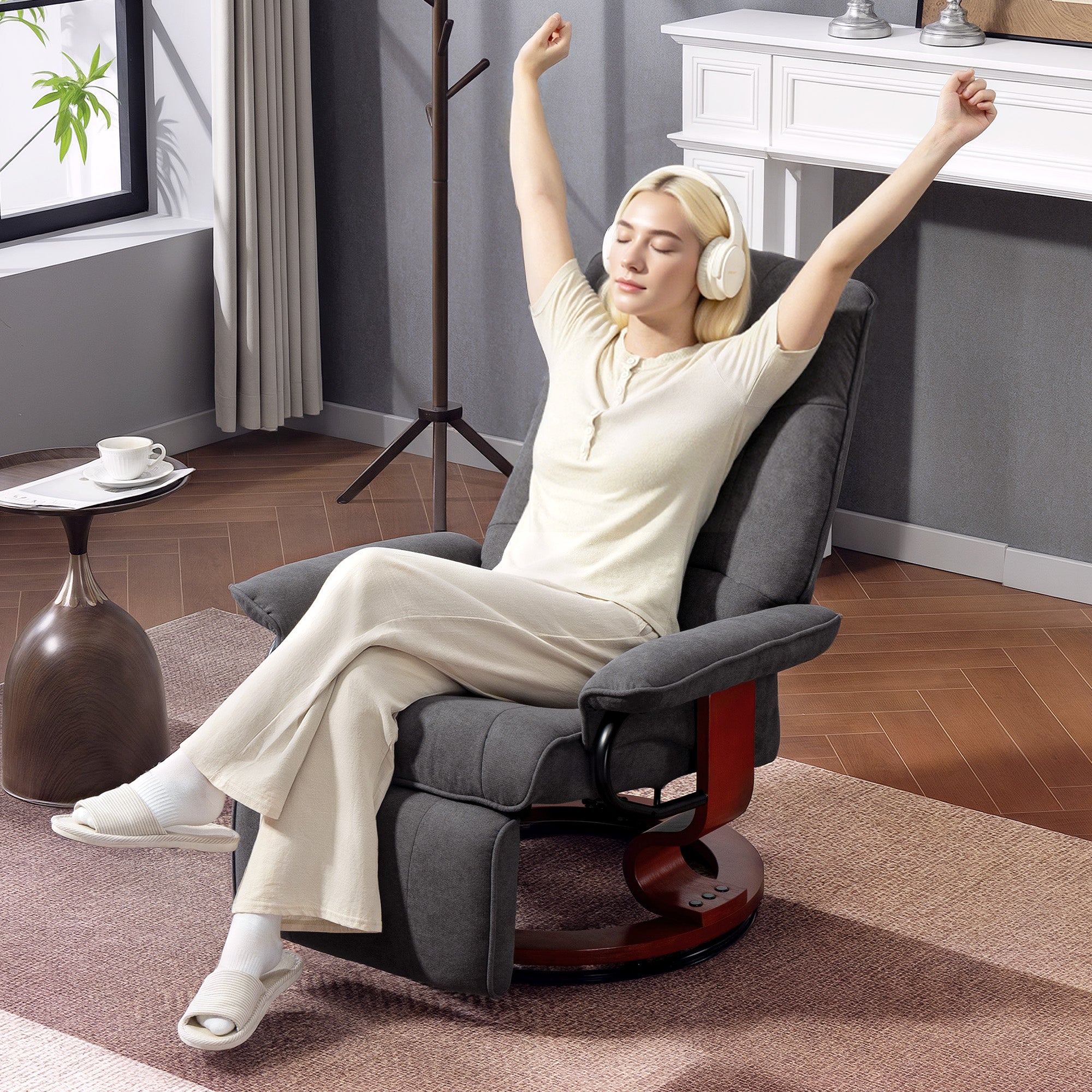 Homcom reclining swivel chair in dark gray breathable linen-look upholstery with manual footrest and glossy red wooden base