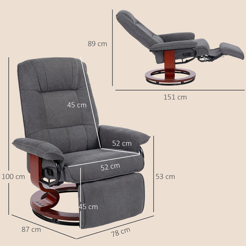 Homcom reclining gray fabric recliner chair with breathable linen-look upholstery wooden swivel base and manual footrest