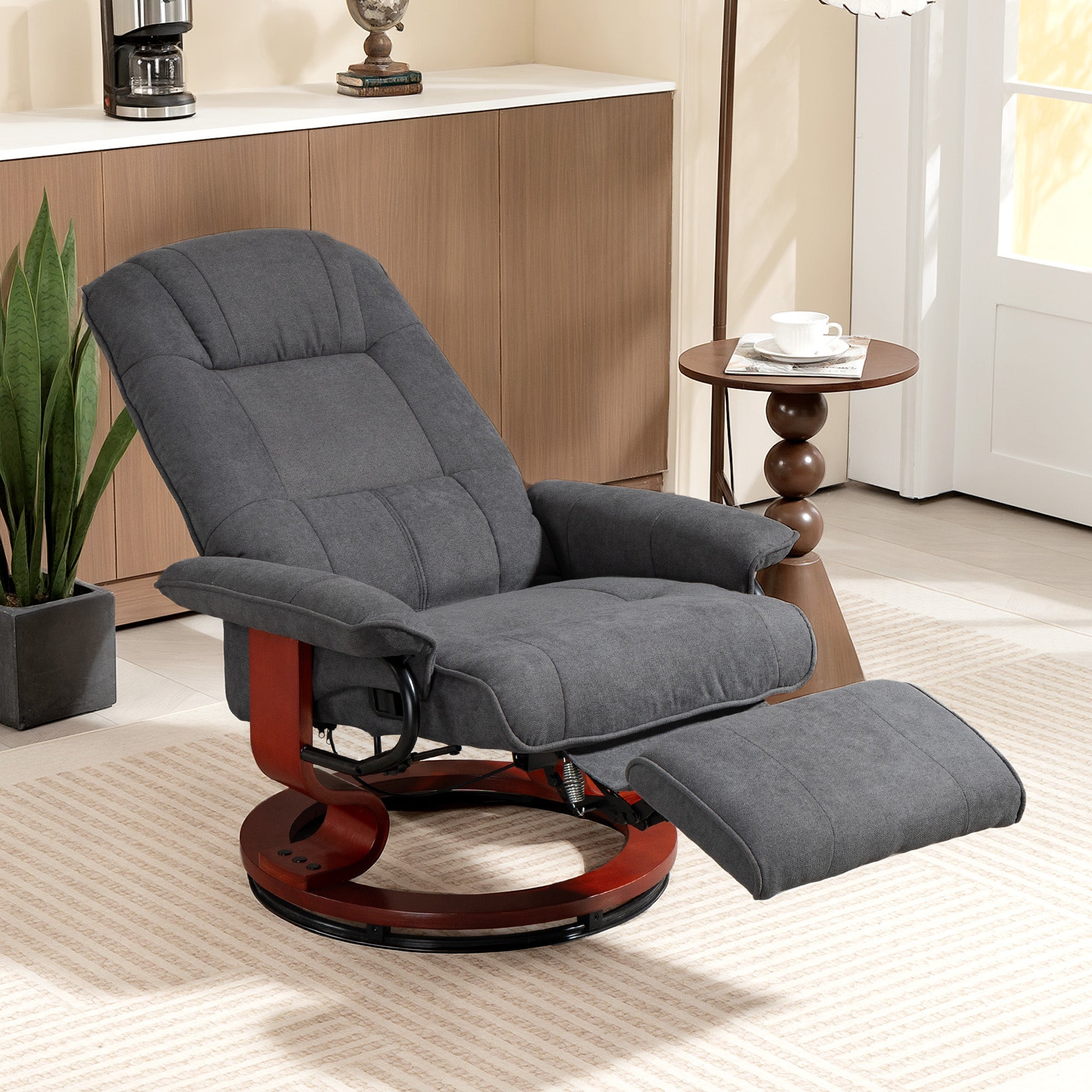 Gray homcom reclining swivel chair with breathable linen-look upholstery wooden base and manual footrest