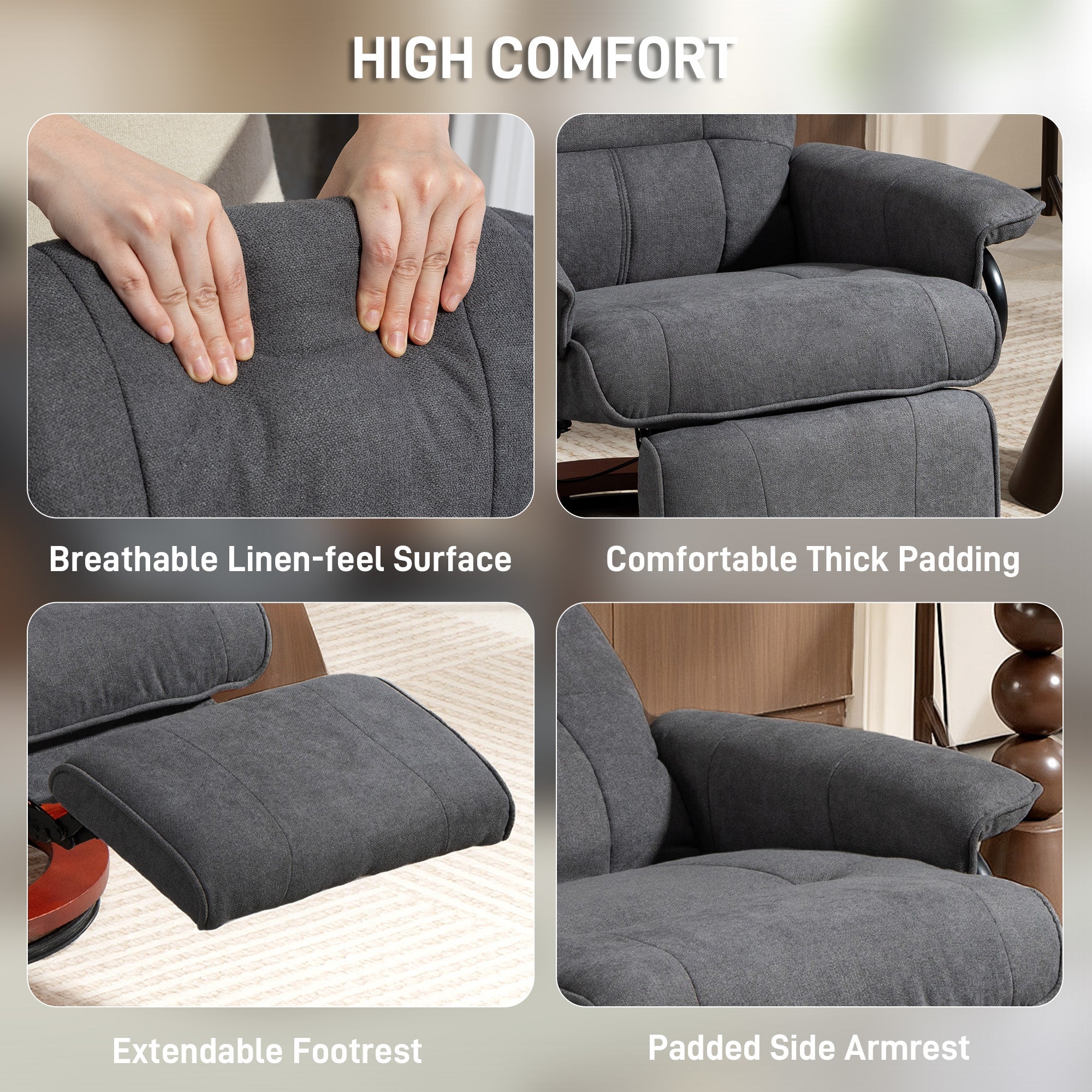 Grey homcom reclining swivel chair with breathable linen-look upholstery and manual footrest with thick padding