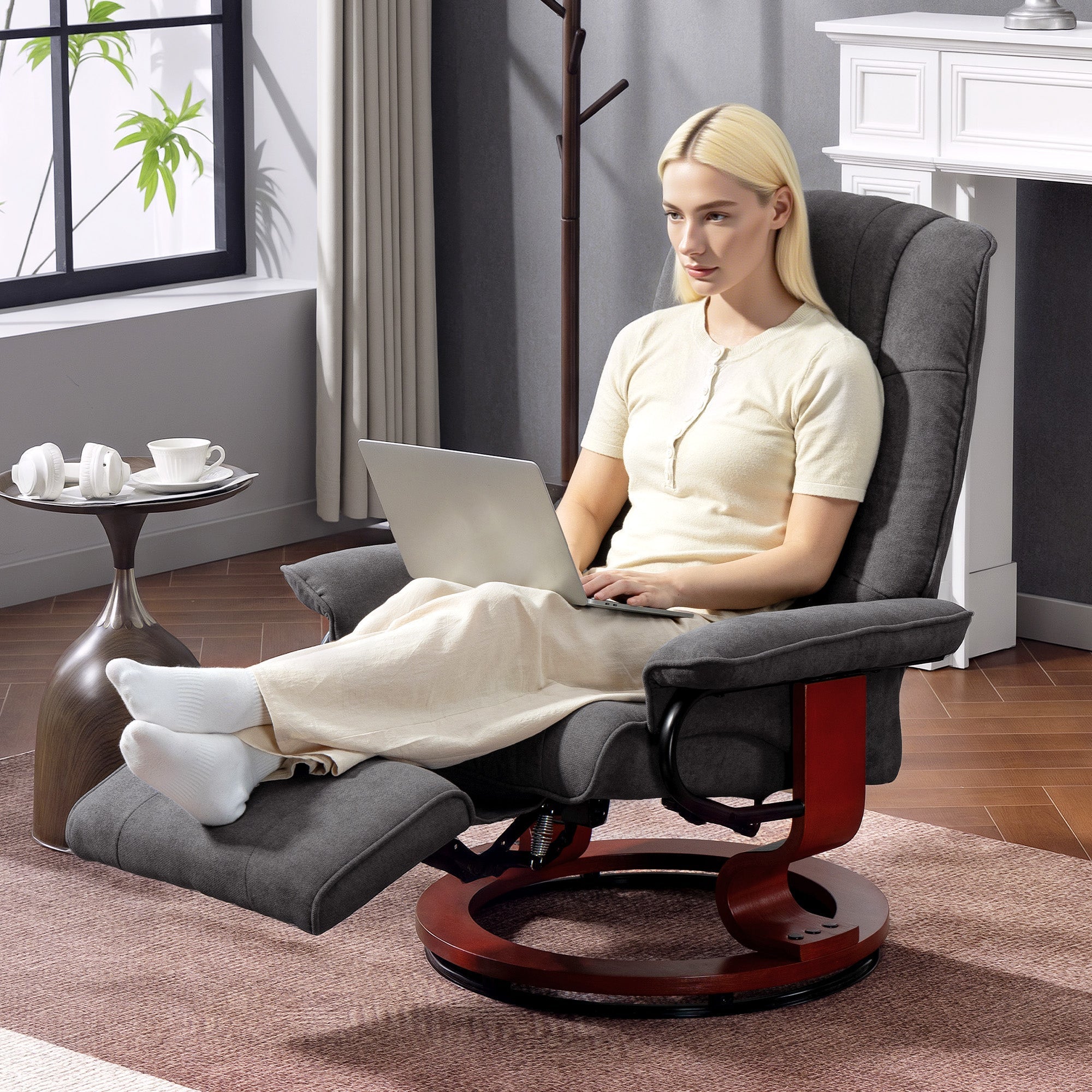 Homcom reclining swivel chair with breathable linen-look upholstery gray manual footrest and glossy red wooden base