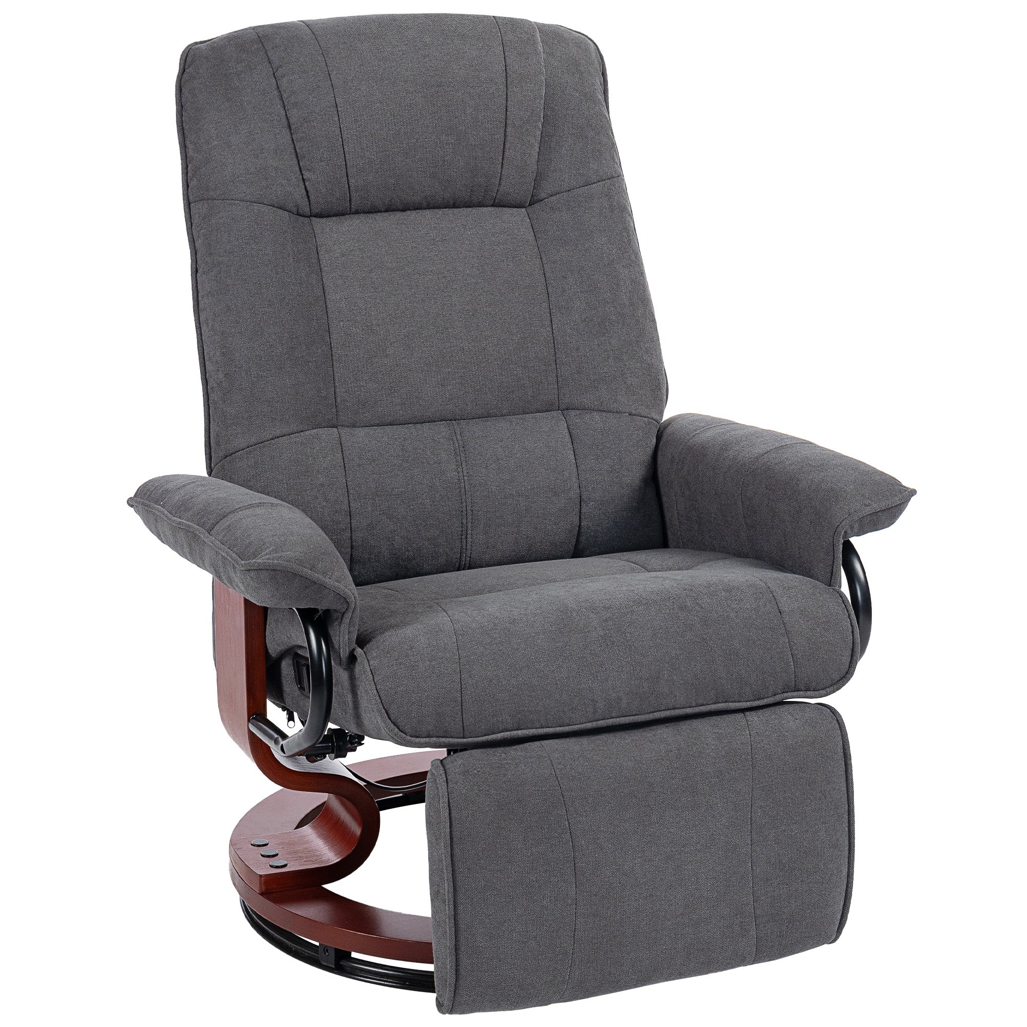 Homcom reclining swivel chair in grey breathable linen-look upholstery with manual footrest and wooden base accents