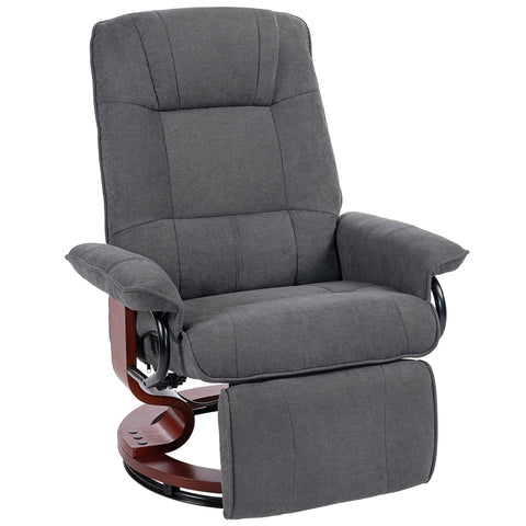 Homcom reclining swivel chair in grey breathable linen-look upholstery with manual footrest and wooden base accents