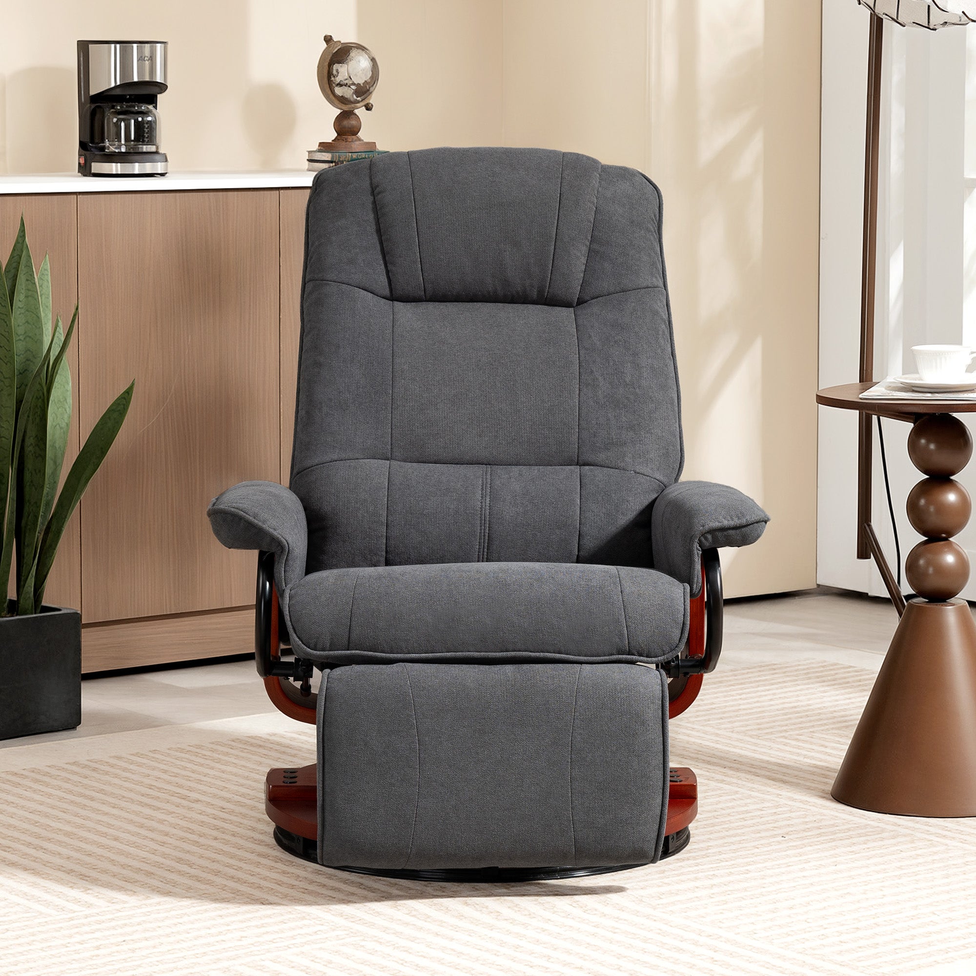 Gray upholstered homcom reclining swivel chair with breathable linen-look upholstery and manual footrest with dark wood legs
