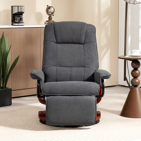 Gray upholstered homcom reclining swivel chair with breathable linen-look upholstery and manual footrest with dark wood legs