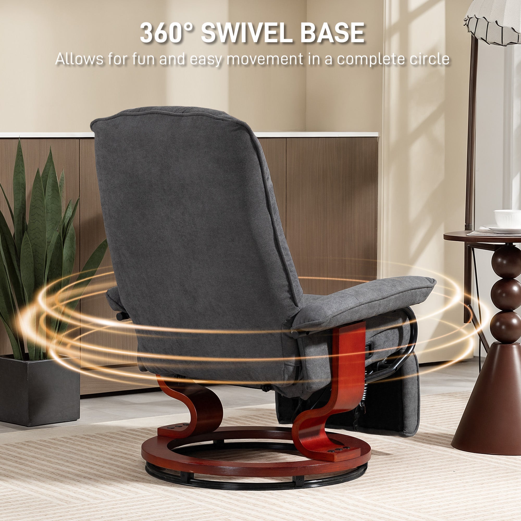 Homcom reclining swivel chair with breathable linen-look upholstery gray and manual footrest on sleek red wooden base