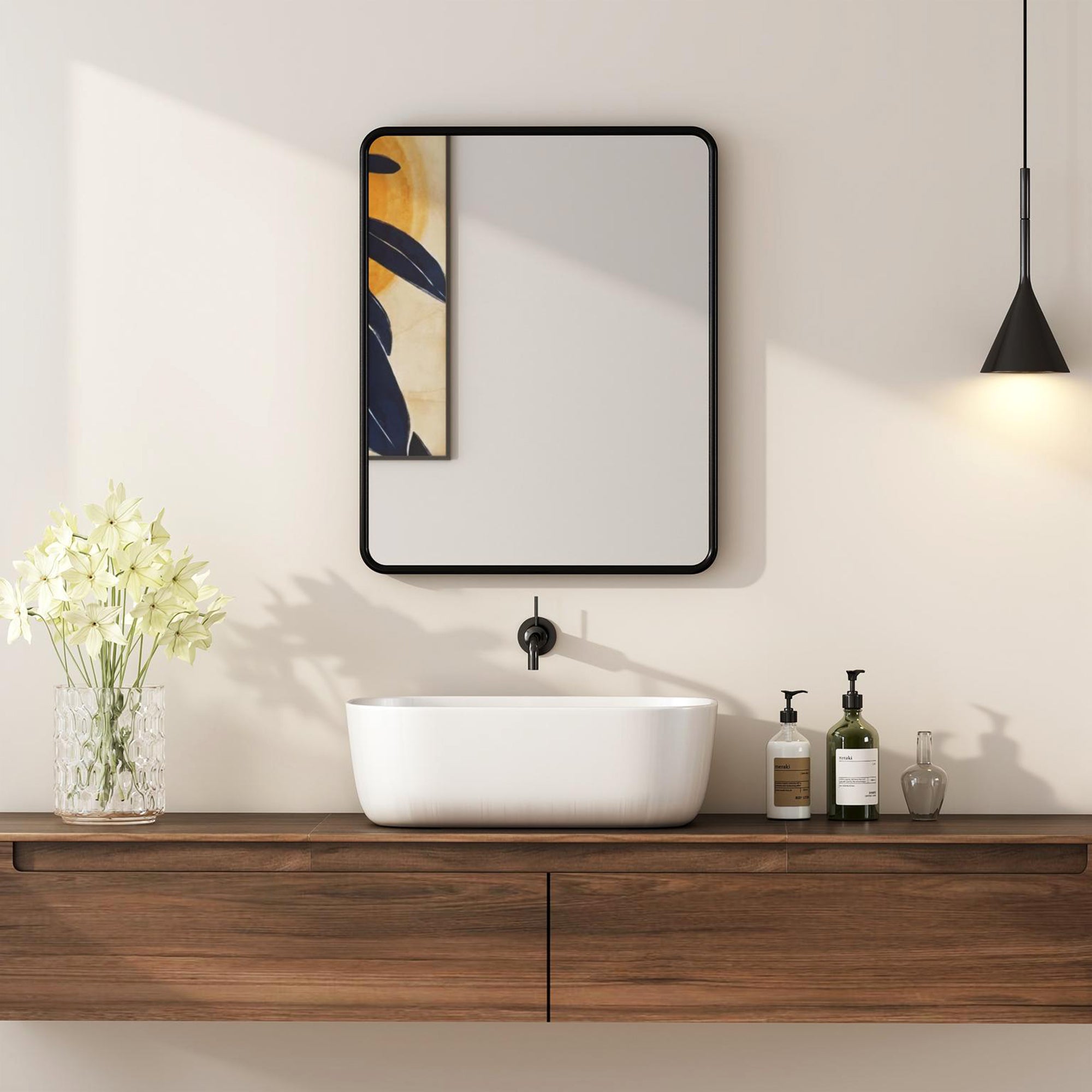 Black framed rectangular wall mirror with metal frame and backboard ensure mounted above white vessel sink by HOMCOM