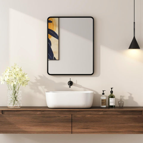 Black framed rectangular wall mirror with metal frame and backboard ensure mounted above white vessel sink by HOMCOM