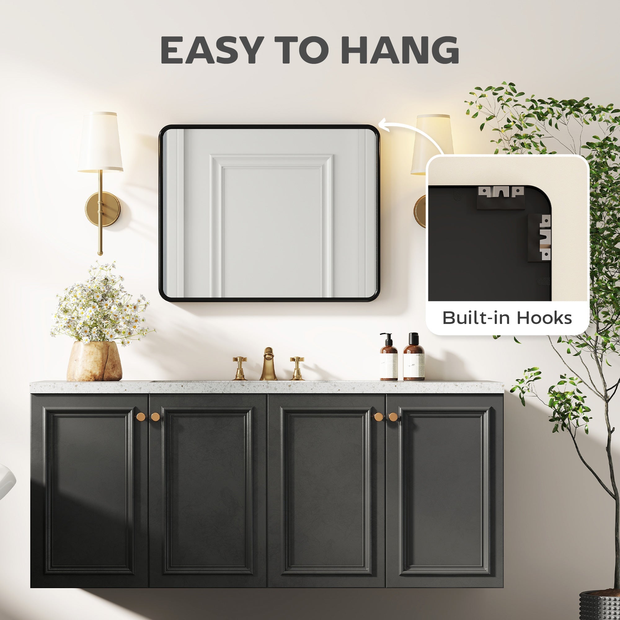 Black rectangular wall mirror with hd glass metal frame and built-in hooks for easy hanging by homcom
