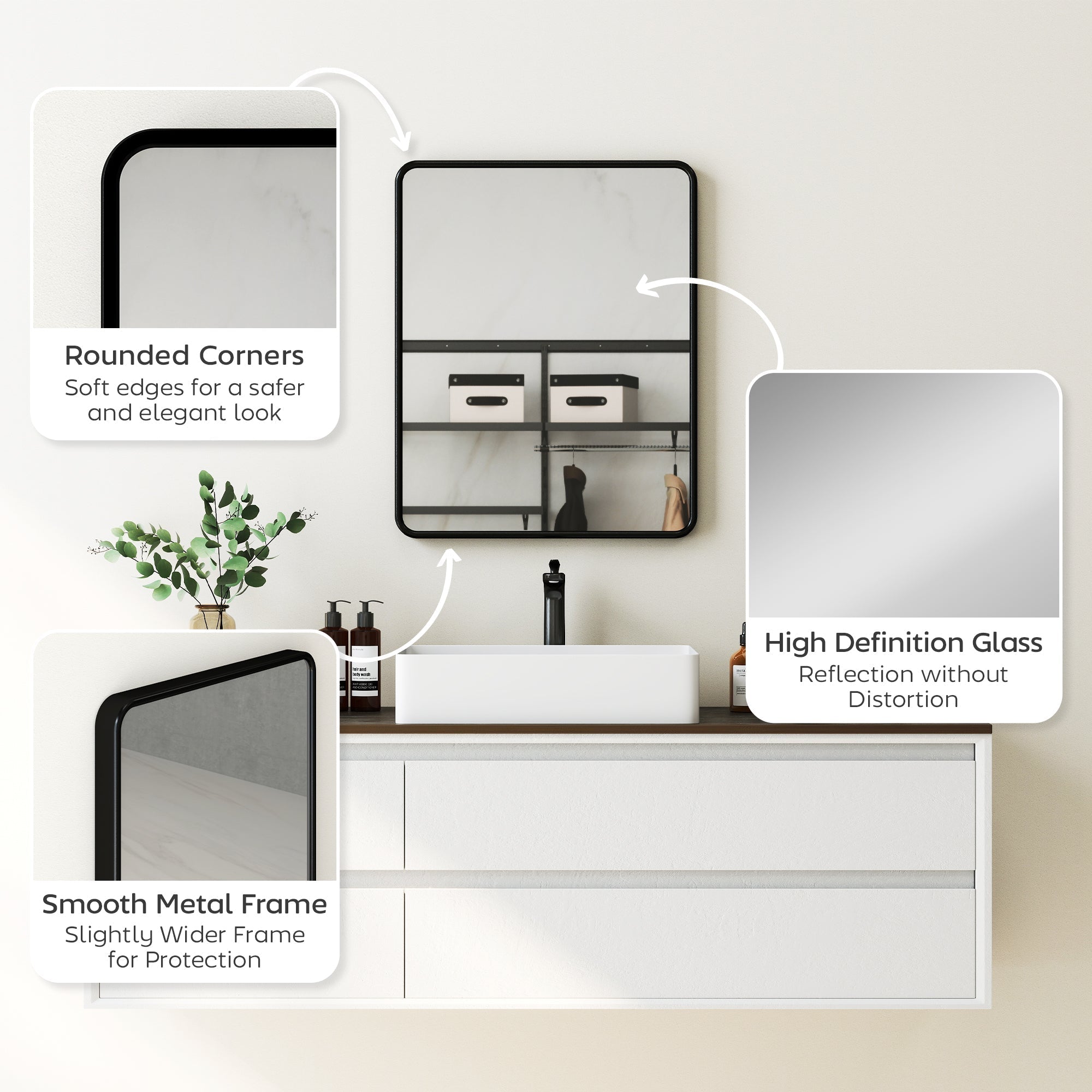 Black framed rectangular wall mirror with rounded corners and smooth metal frame by homcom with hd glass