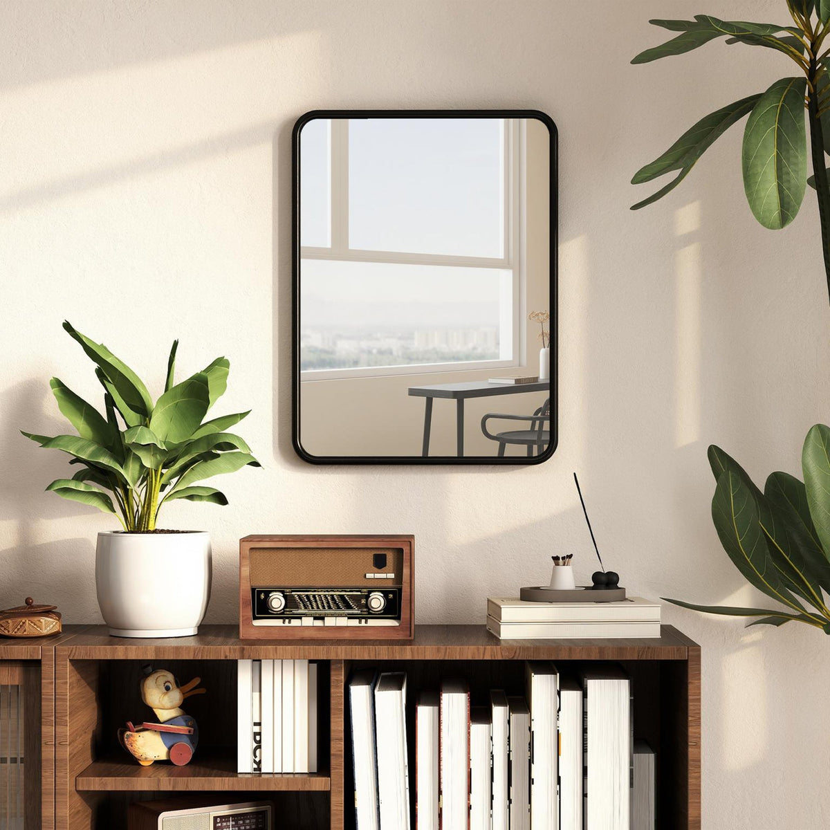 Black framed rectangular wall mirror with hd glass metal frame and sturdy backboard for sleek minimalist design