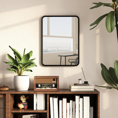 Black framed rectangular wall mirror with hd glass metal frame and sturdy backboard for sleek minimalist design