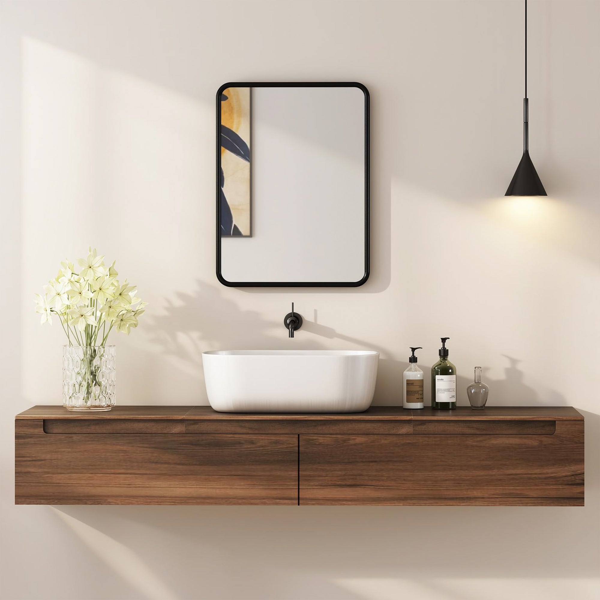 Modern rectangular wall mirror with sleek black metal frame and sturdy backboard for clear hd reflection