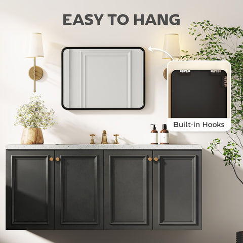 Black rectangular wall mirror with metal frame and backboard ensure built-in hooks for easy hanging by HOMCOM