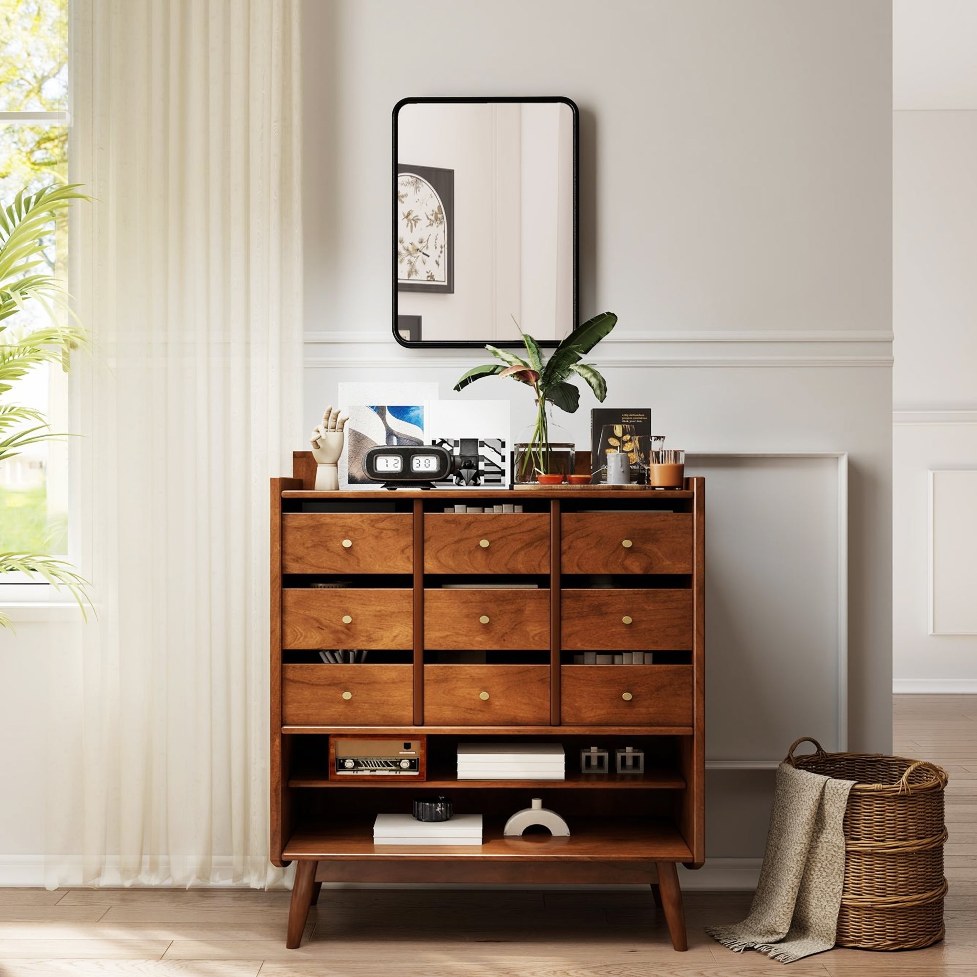 Warm-toned wooden dresser with nine drawers and tapered legs topped by a black frame homcom wall mirror with hd glass