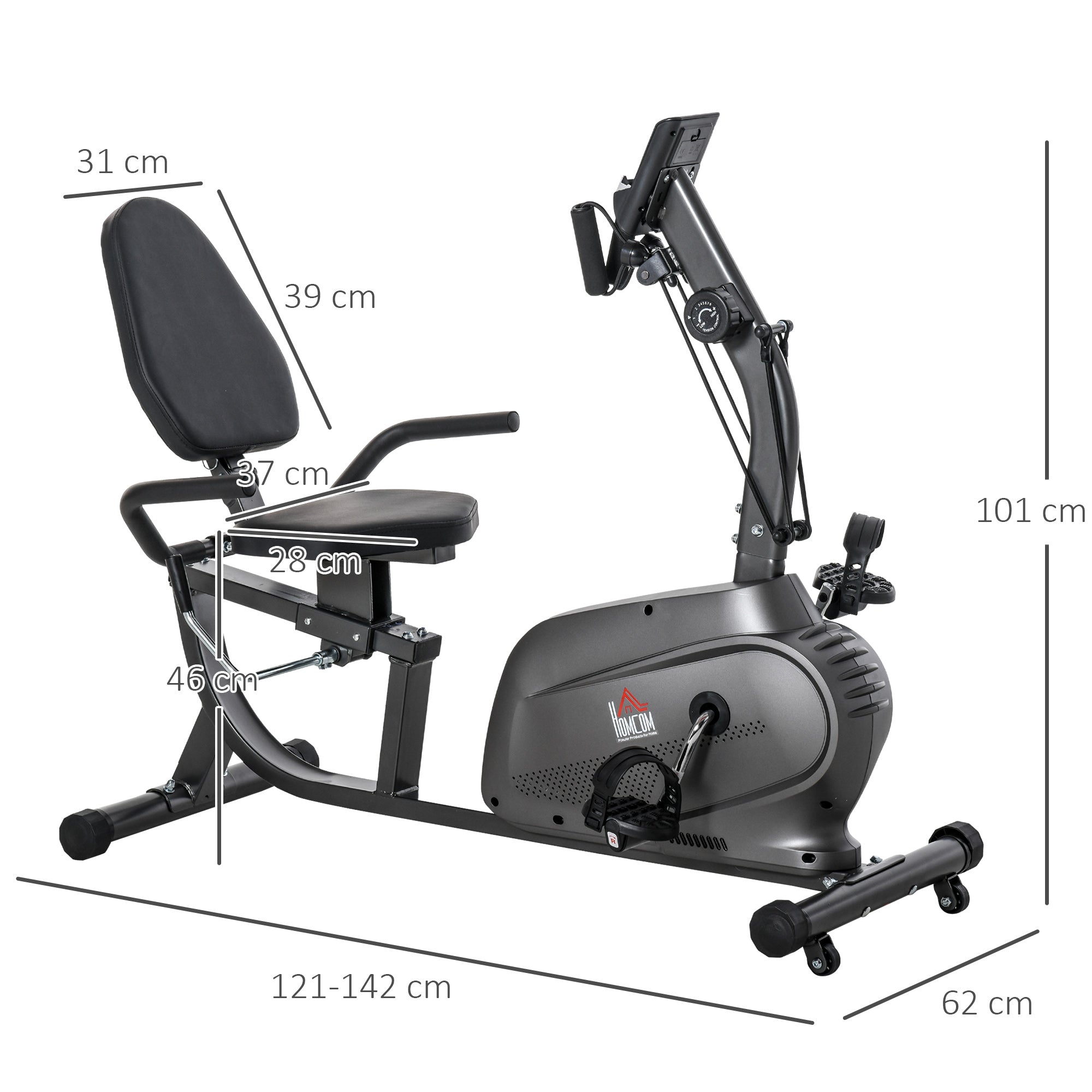 Black and gray homcom recumbent exercise bike with adjustable seat, lcd monitor, and elastic rope for indoor cardio workout