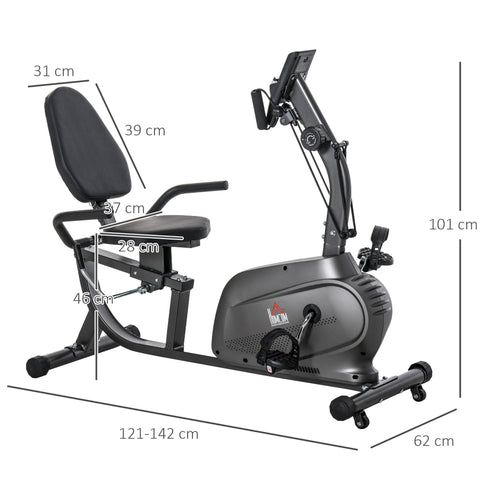 Black and gray homcom recumbent exercise bike with adjustable seat, lcd monitor, and elastic rope for indoor cardio workout