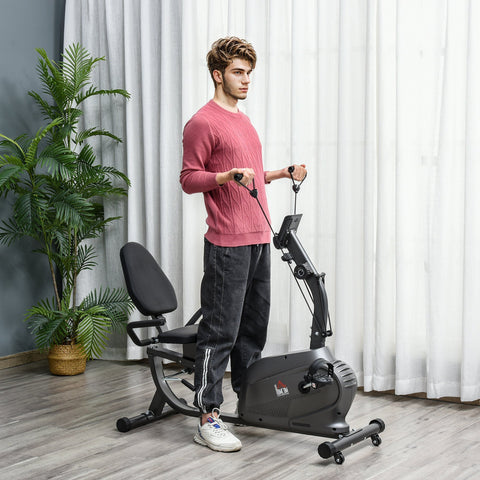 Black and gray homcom recumbent exercise bike with adjustable seat lcd monitor and elastic rope for indoor cardio workout