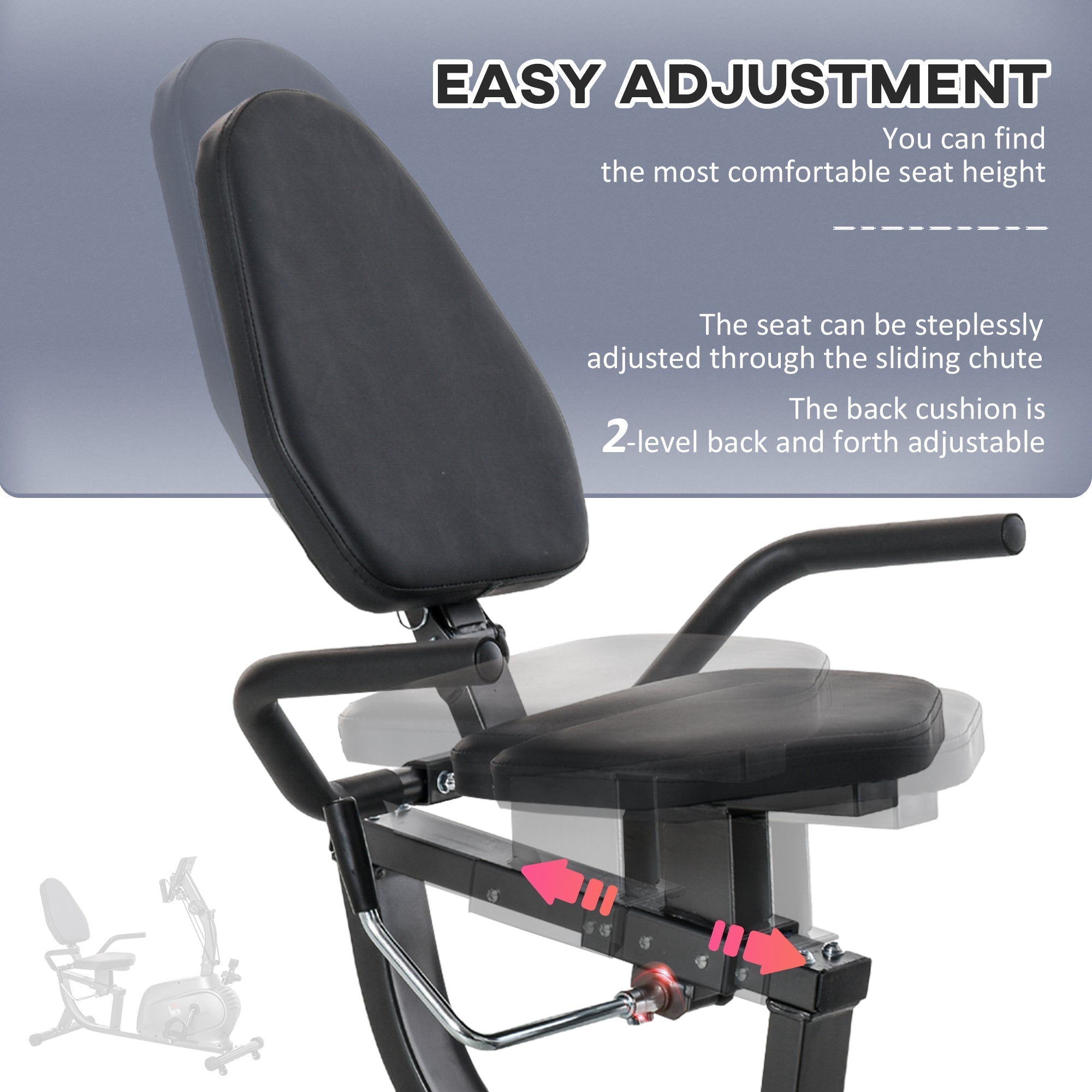 Black padded seat and backrest with adjustable height and 2-level cushion on homcom recumbent bike with lcd monitor and elastic rope