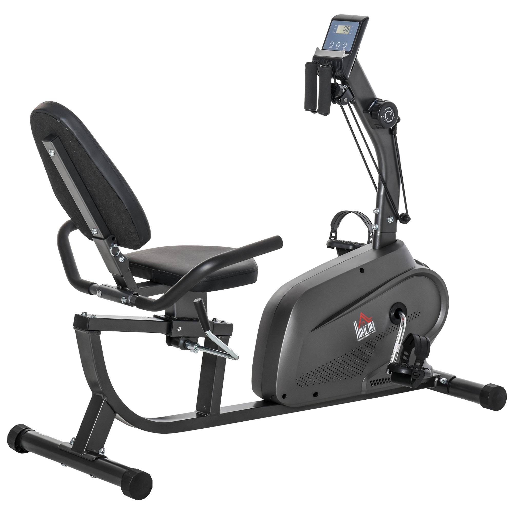 Black HOMCOM recumbent exercise bike with lcd monitor, padded seat, elastic rope, and 8-level magnetic resistance for indoor cardio