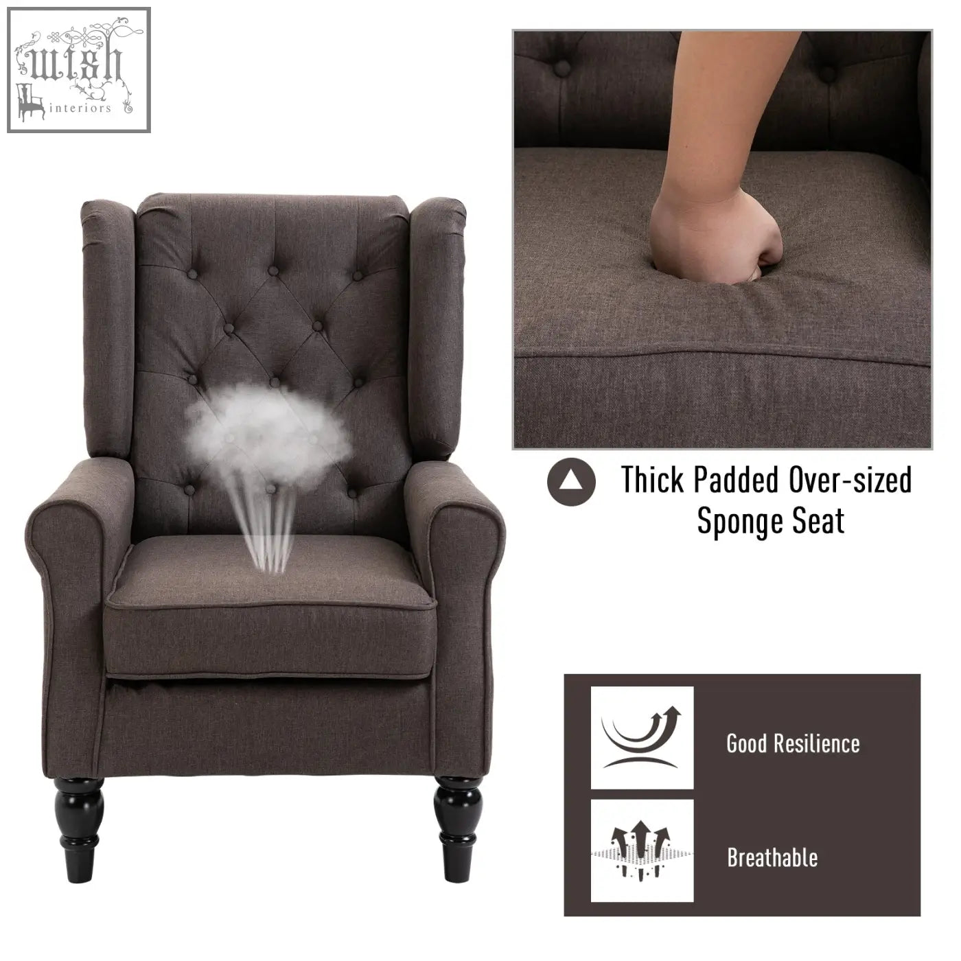 Dark gray retro accent chair with frame button tufted wingback design and thick padded sponge seat for living room