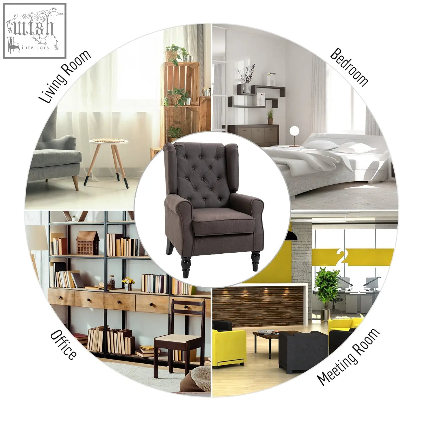 Dark gray tufted wingback accent chair with classic wooden legs and frame button tufted design for living room use