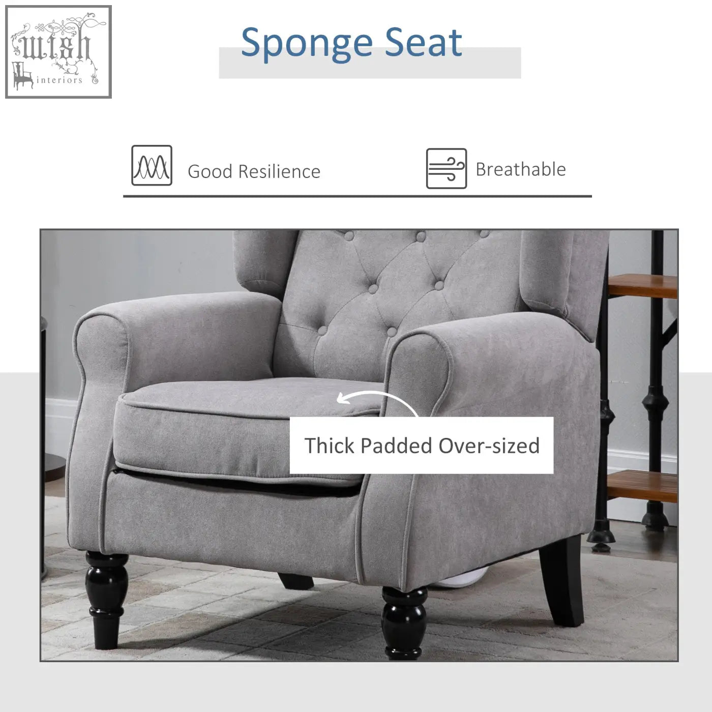 Gray tufted retro accent chair with thick padded sponge seat black wooden legs and button tufted design for living room