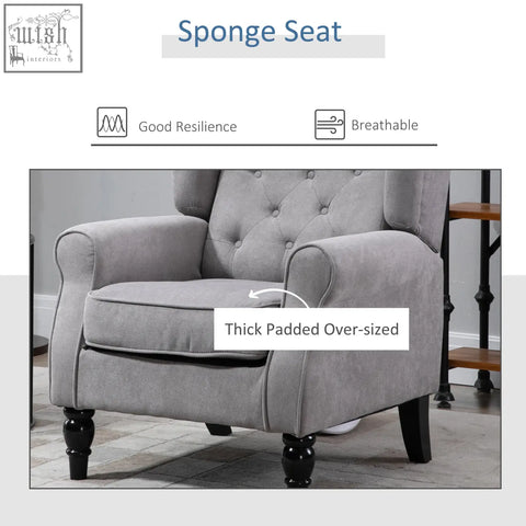 Gray tufted retro accent chair with thick padded sponge seat black wooden legs and button tufted design for living room