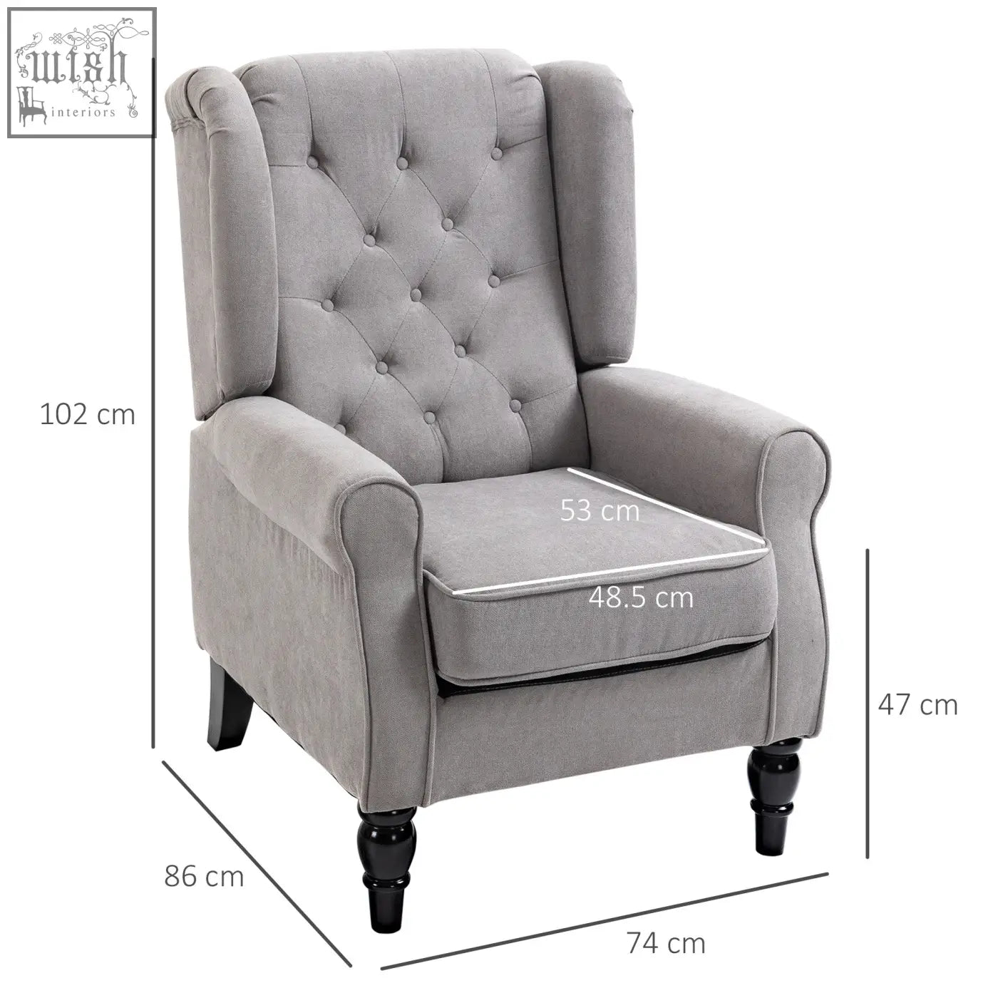 Gray velvet wingback accent chair with button tufted design and black wooden legs for living room or bedroom