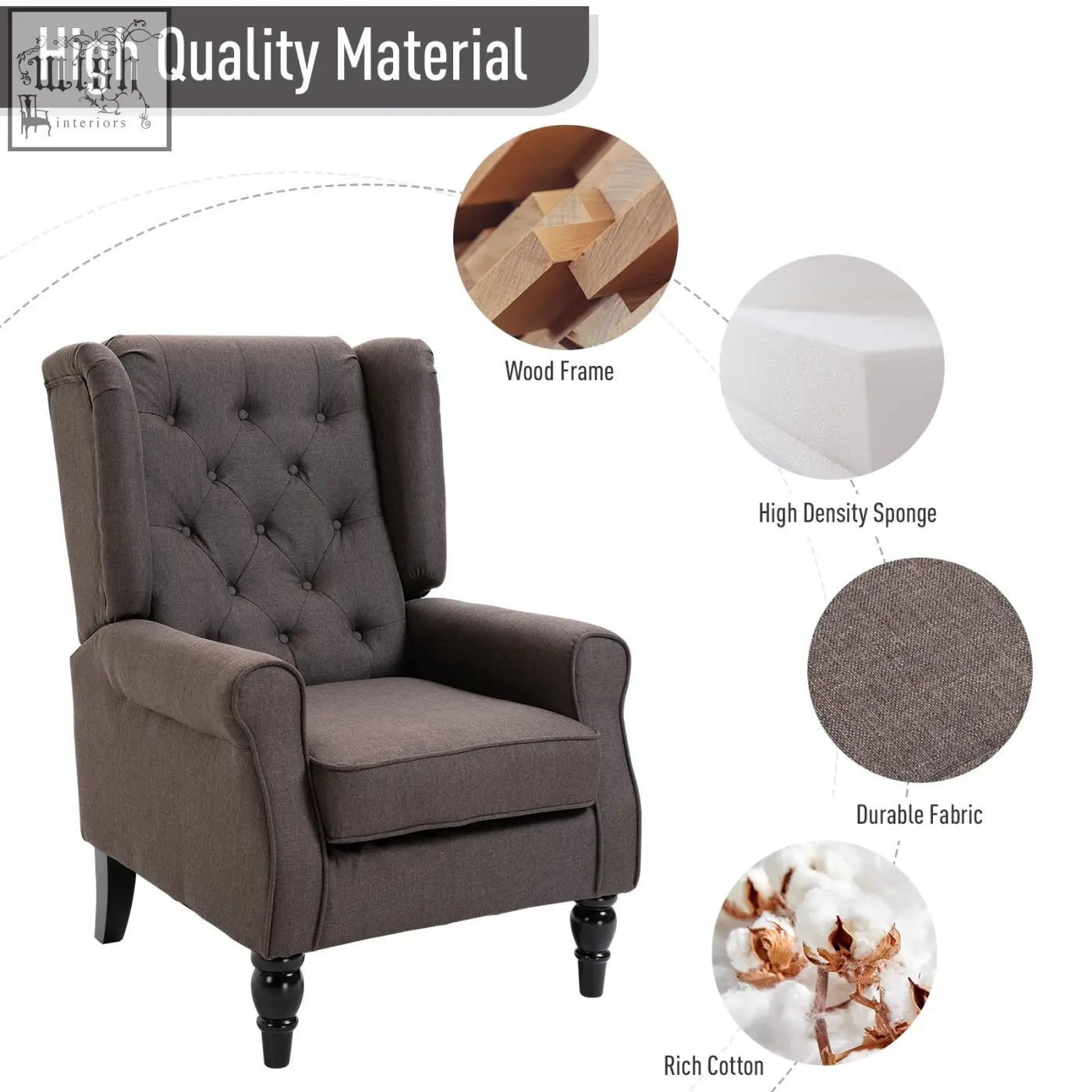 Dark gray retro accent chair with wood frame button tufted design and durable cotton upholstery for living room use