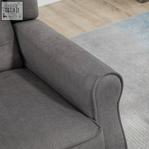 Gray textured accent chair in dark grey with wooden frame and button tufted design for living room or bedroom