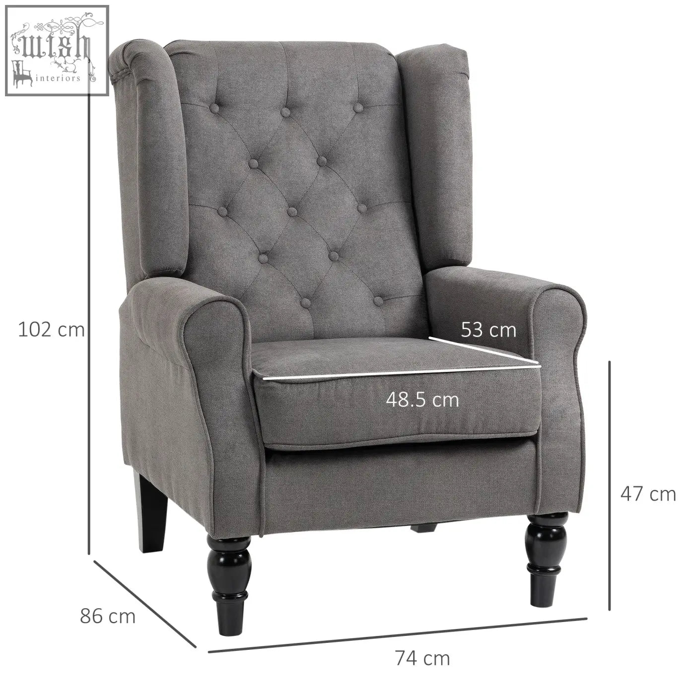 Gray tufted wingback accent chair with black wooden legs in dark grey perfect for living room floor height seating