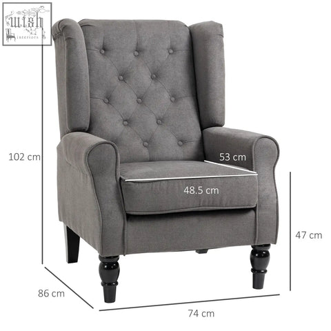 Gray tufted wingback accent chair with black wooden legs in dark grey perfect for living room floor height seating