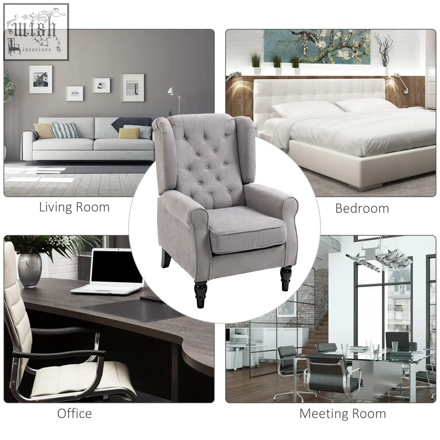 Gray tufted wingback retro accent chair with button tufted design and black wooden legs for living room or bedroom