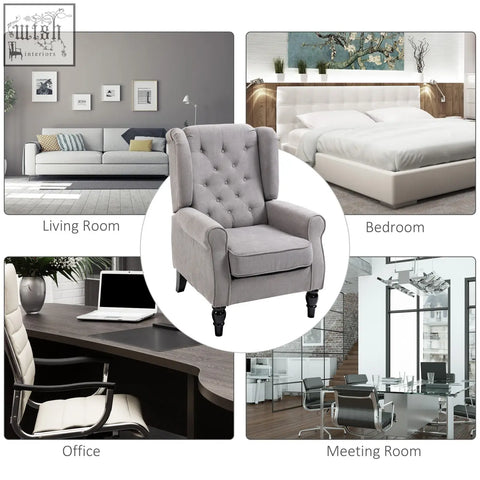Gray tufted wingback retro accent chair with button tufted design and black wooden legs for living room or bedroom