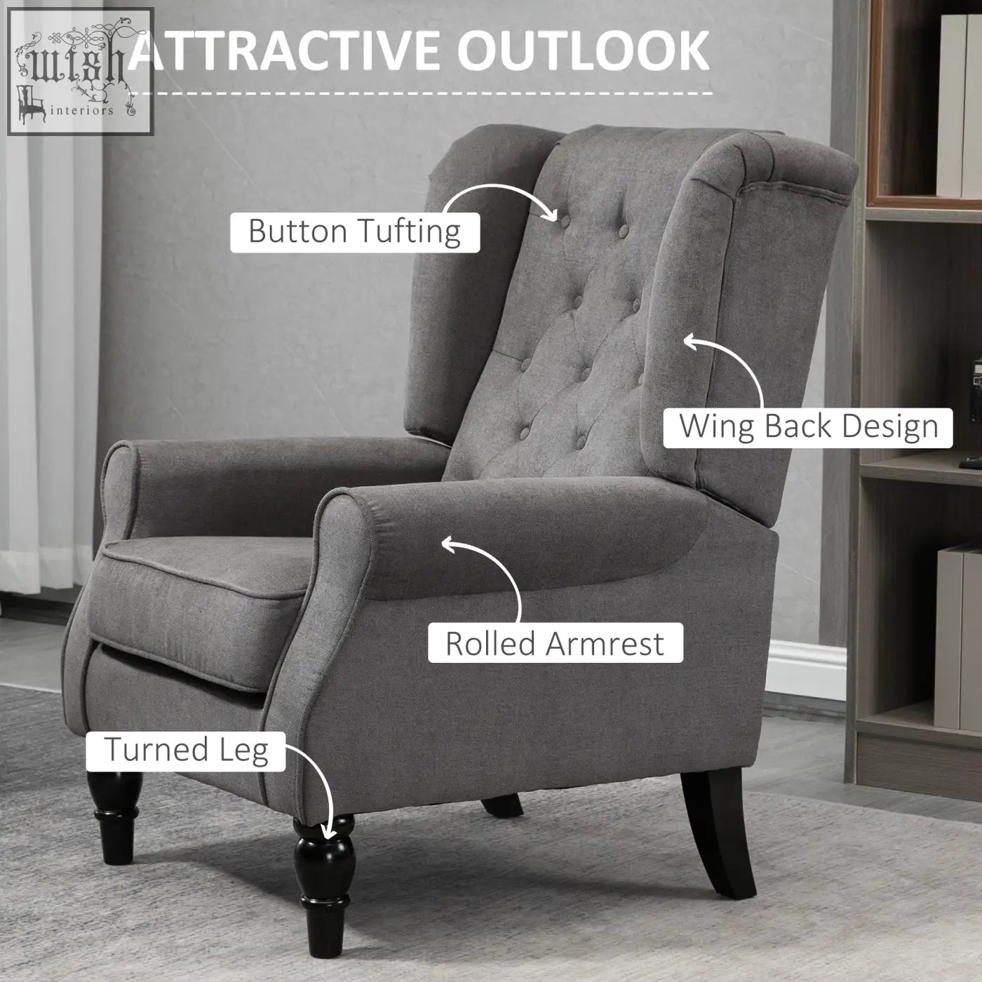 Homcom retro accent chair with dark grey button tufted upholstery and wooden legs at floor height for living room