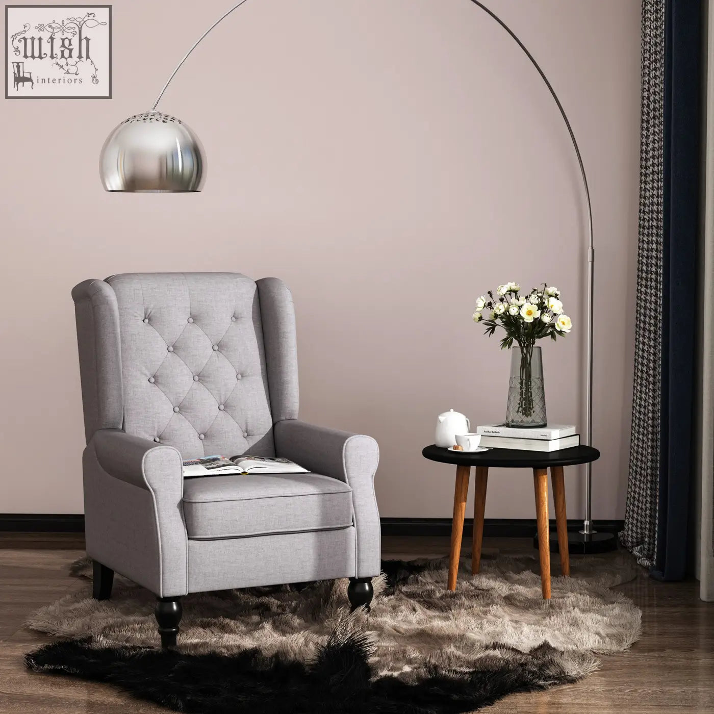 Gray tufted wingback accent chair with button tufted design and black wooden legs perfect for living room or bedroom