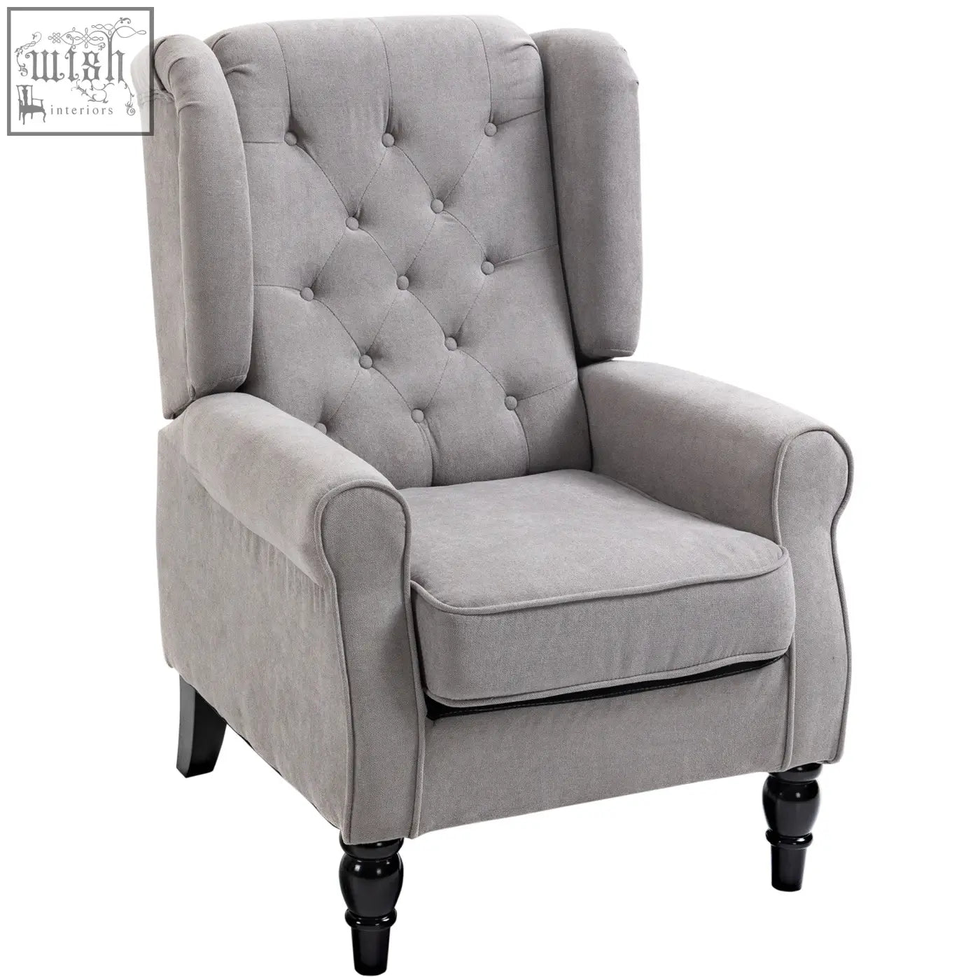 Gray tufted wingback accent chair with button tufted design and black wooden legs perfect as a retro accent chair