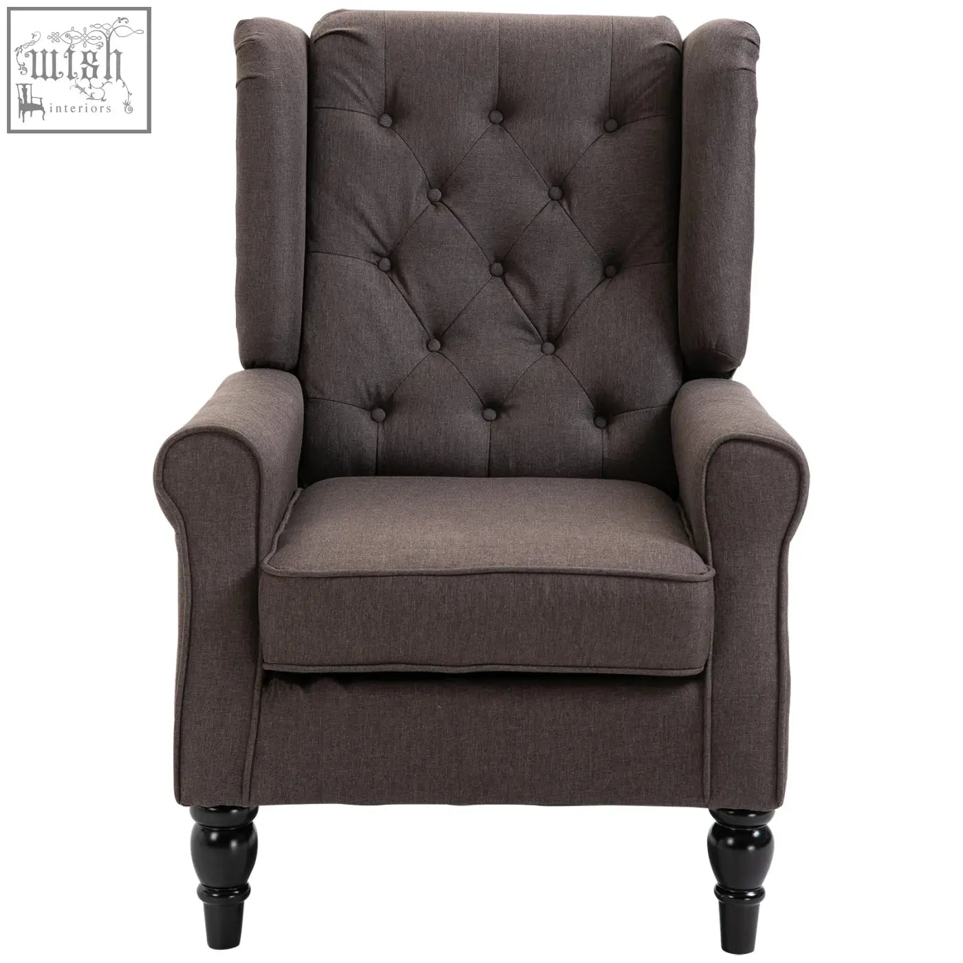 Dark gray retro accent chair with frame button tufted wingback design and black wood legs for living room use